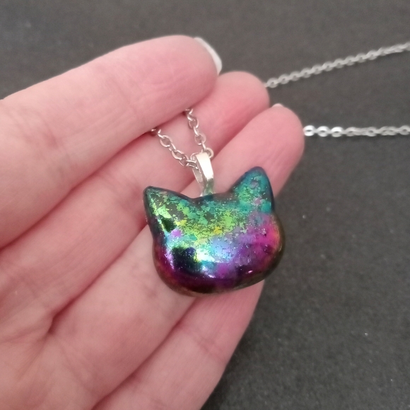 Rainbow color shift cat stud earrings and necklace jewelry set new handmade New - Picture 8 of 8
